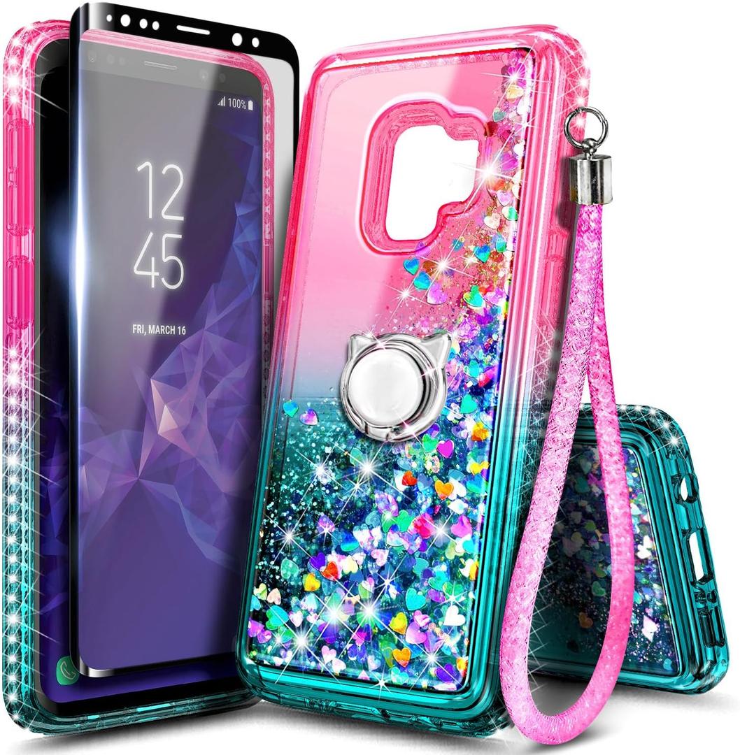 NGB Designed for Samsung Galaxy S9 Phone Case, Pink/Aqua | Glitter Liquid Sparkle Cute Cover for Women Girls Kids | with Screen Protector & Ring Holder & Wrist Strap Lanyard