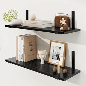 Fun Memories Deep Floating Shelves for Wall, 24" W x 8" D Wall Mounted Shelves Set of 2, Wide Display & Storage Shelves with Sturdy Metal Brackets for Bathroom, Kitchen, and Living Room, Black