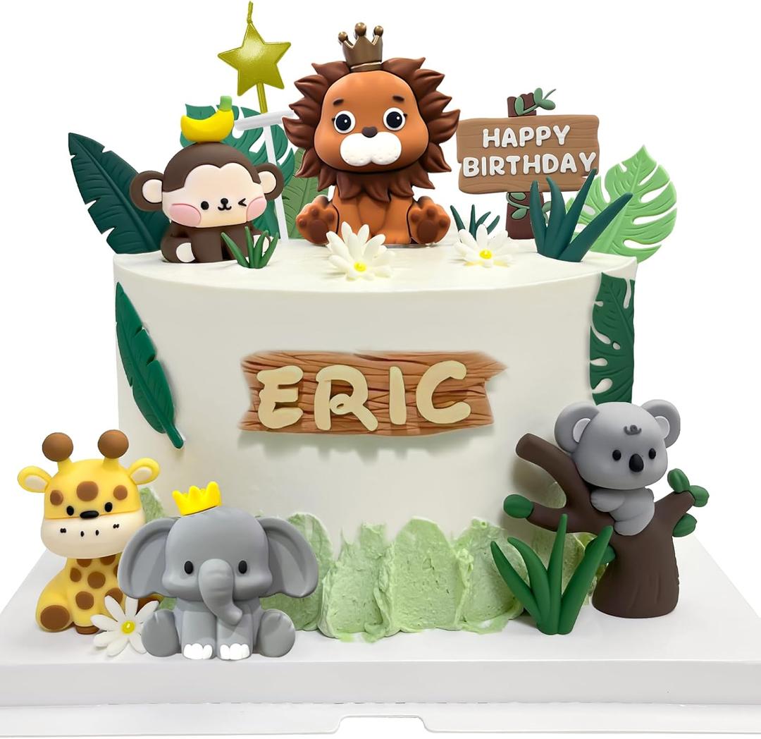 22PCS Safari Animal Cake Toppers & Wild One Birthday Decorations - Jungle Cake Topper with Leaves for Animal Themed Birthday Party Decorations, Safari Cake Decorations for Zoo Theme Cakes Accessories