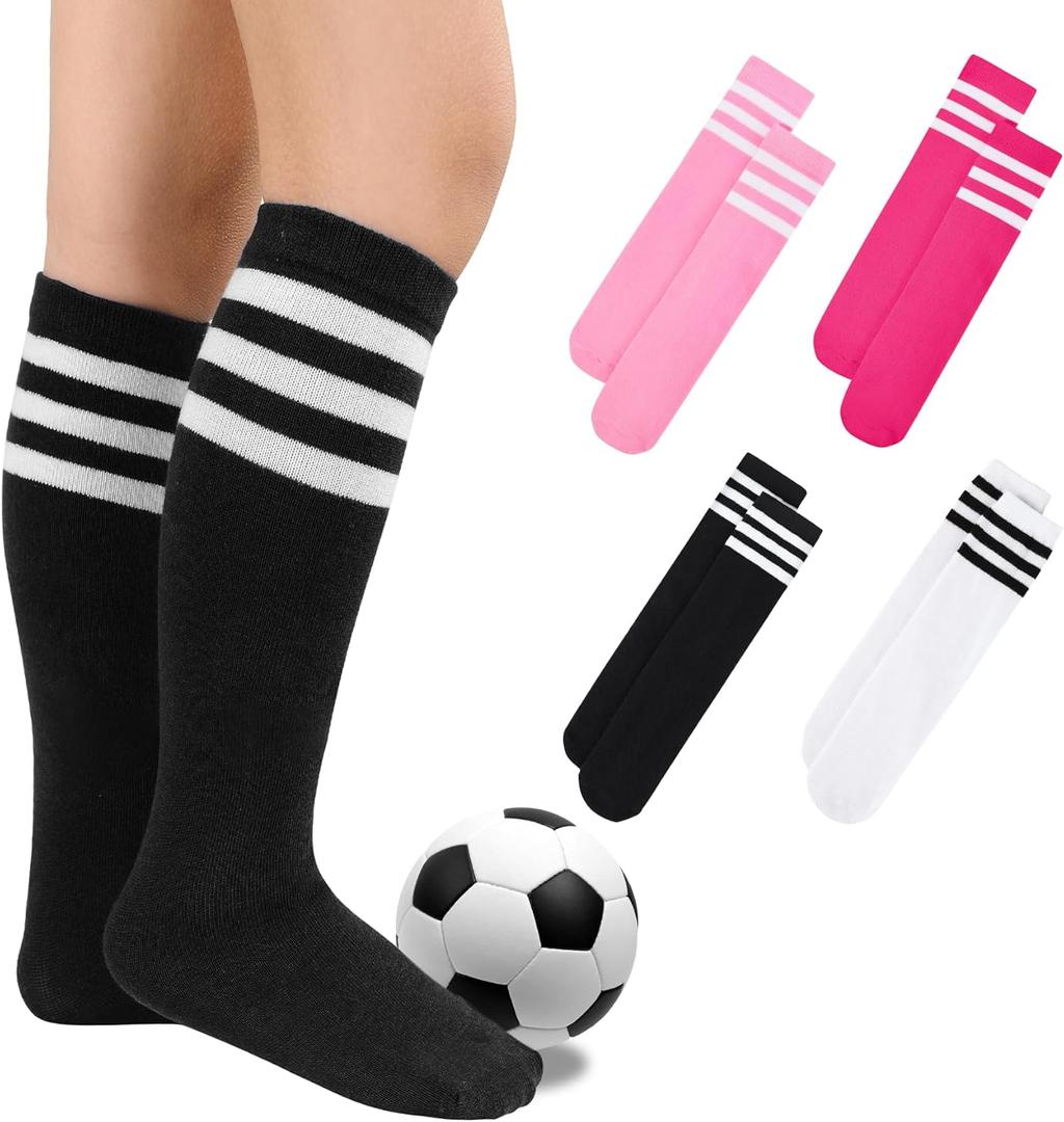Zando 4 Pairs Kids Soccer Socks Baseball Softball Youth Athletic Boys Girls Knee High Socks (Black, XXL)