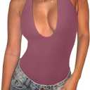 REORIA Bodysuits for Women Halter Tops 2025 Summer V Neck Backless Body Suits Tank Top Trendy Fashion Clothing, Large