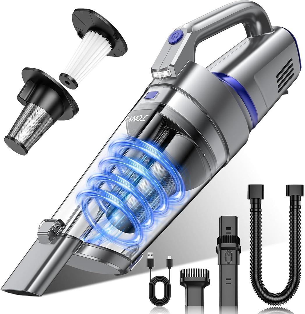 JONYJ Handheld Vacuum Cordless, 16000PA Strong Suction Hand Held Car Vacuum Cleaner, Portable Hand Vacuum Rechargeable with Multi-Nozzles & LED Light for Home, Car, Office, Pets