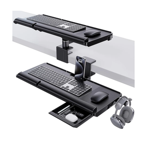 Klearlook Upgraded Adjustable Keyboard Tray for Above Desk & Under Desk Use - Ergonomic Sit-Stand Keyboard Riser with 360° Rotation, 24.4"×10" Keyboard Stand with Wrist Rest & Storage Drawer - Black