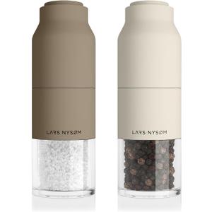 LARS NYSM Salt and Pepper Grinder Set Stainless Steel with Adjustable Grinder I Bottle Design Spice Mills Set Manual (Brown/Beige) (Set of two manual grinders, Taupe Brow/Almond Beige)