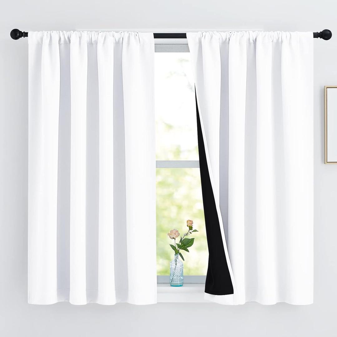 NICETOWN White 100% Blackout Curtains 45 inches Long, Rod Pocket Basement Completely Blackout Window Treatment Thermal Insulated Lined Drapes for Small Window (1 Pair, 52 inches Width Each Panel)