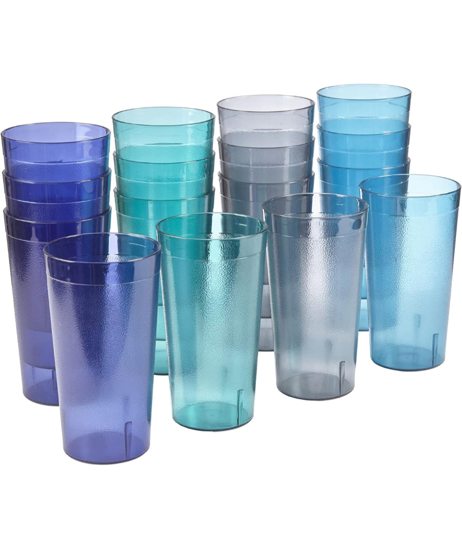 Acrylic Cafe Plastic Reusable Tumblers (Set of 16) 20-ounce Water Cups Coastal Colors | Restaurant Style Drinking Glasses Value Set, Stackable, BPA-free, Made in the USA | Top-rack Dishwasher Safe