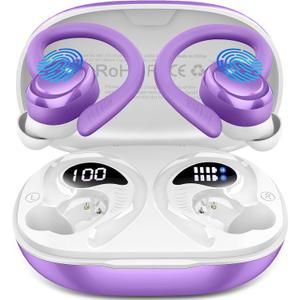 Hupoaf Wireless Earbuds Sport, 2025 Bluetooth 5.4 Headphones with Earhooks, 50H Stereo Deep Bass Over Ear Buds with 4 ENC Noise Canceling Mics, IP7 Waterproof Earphones for Running Workout Gym -Purple
