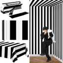 100 Ft x 54 Inch Black & White Striped Tablecloth Roll with Cutter Box Disposable Halloween Plastic Tablecloth Cut to Size Table Cover Backdrop for Halloween Backdrop Stage Party Supplies