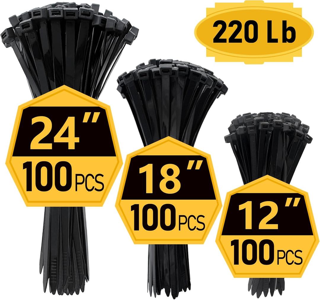 Zip Ties, Zip Ties Heavy Duty, Assorted Sizes (12"+18"+24")-300 Pack, Cable ties, Large Zipties Heavy Duty Black, Wire Ties with 220 lb Tensile Strength for Outdoor Use, Long Zip Tie, ANOSON