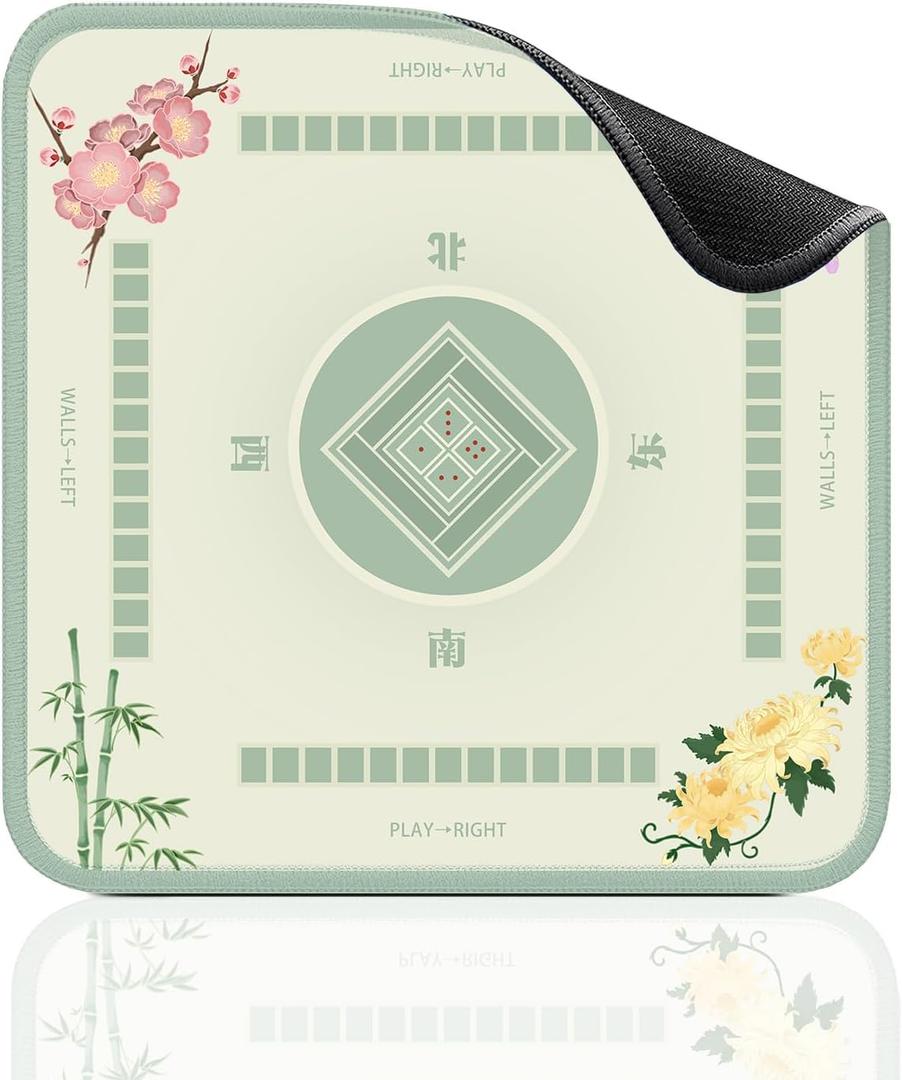 Zen Floral Mahjong Mat 32.4x32.4 Inch - Light Green American Mahjong Table Mat with Cherry Blossom Bamboo Chrysanthemum Artwork, Anti-Slip Rubber Waterproof Foldable Gaming Pad