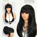Quantum Love Long Black Hair Wig With Bangs Straight Layered Wigs For Black Women Synthetic Glueless Realistic Fiber Heat Resistant Natural Looking for Daily Party Cosplay