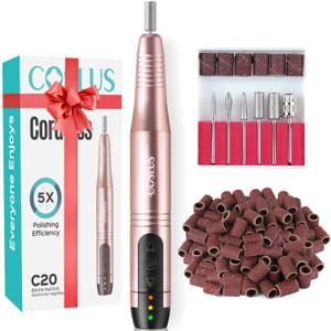 COSLUS C20 Cordless Nail Drill Electric File: Professional for Acrylic Gel Dip Powder Nails Portable Nail Drill Machine Kit for Manicure Pedicure Nail Set with Everything Rechargeable Lightweight (Golden)