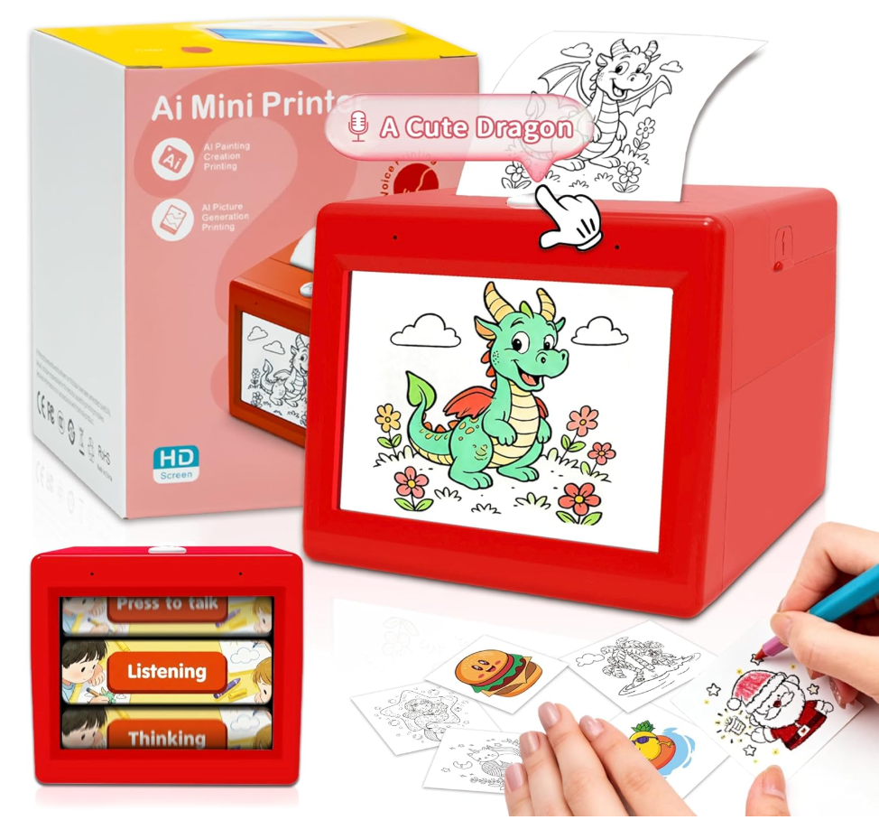Smart AI Voice Sticker Printer, Kids Toys Spark Imagination Intellectual Development, Mini Thermal Label Printer with Display, Inkless Portable Sticker Maker, 4 Rolls Paper
