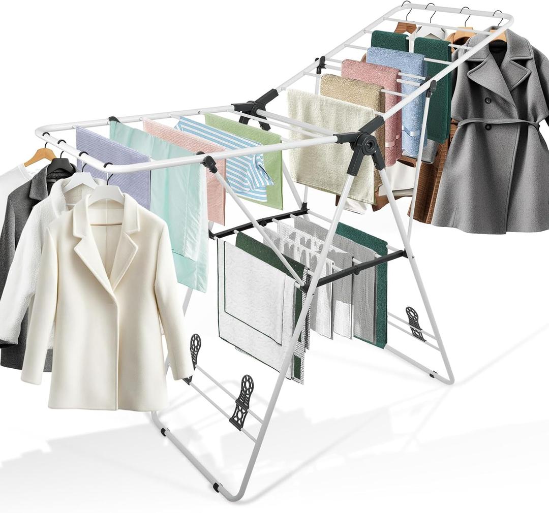 Clothes Drying Rack Foldable, Metal Laundry Drying Rack, with Height-Adjustable Wings, Space Saving, Indoor Outdoor Use, White Free-Standing Airer, Large