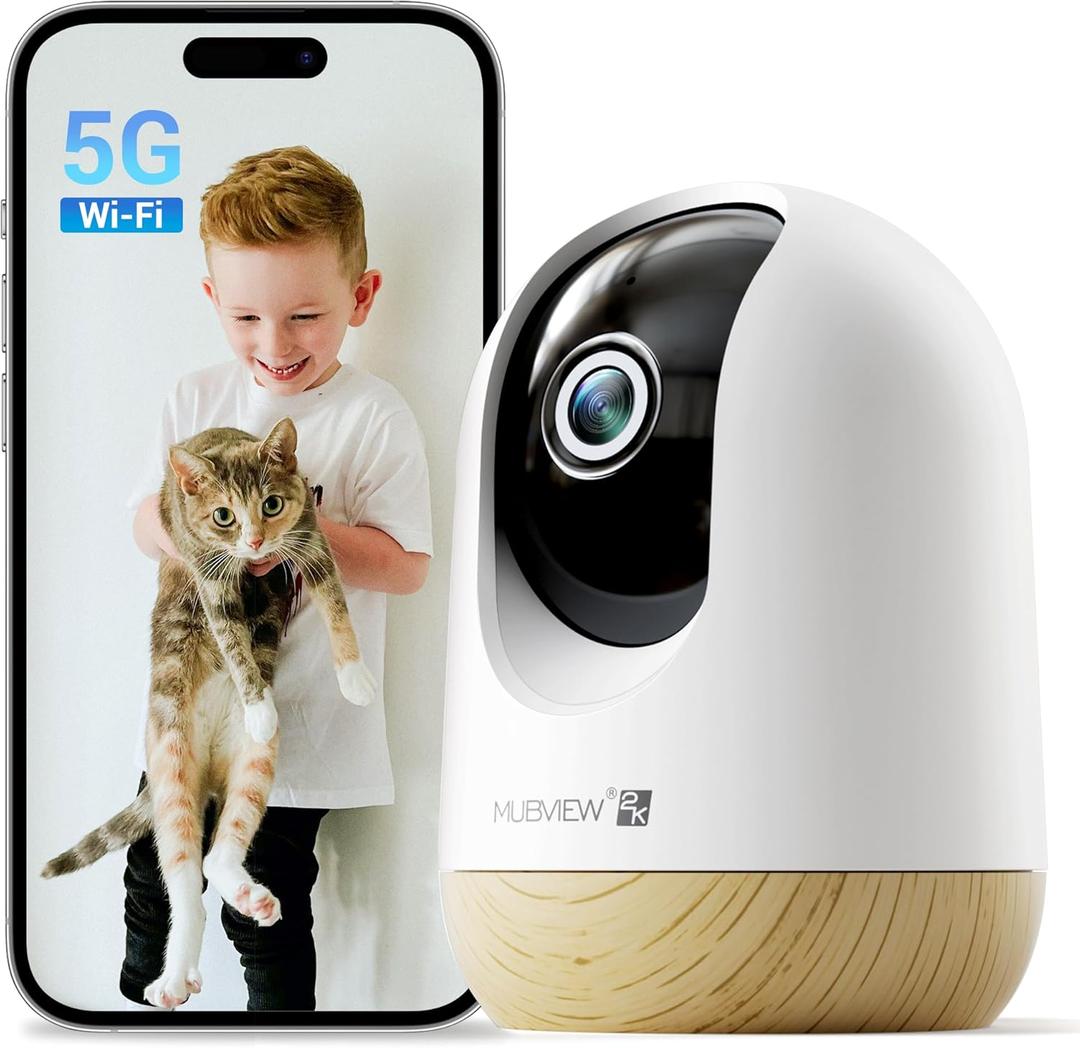MUBVIEW 5G WiFi Indoor Security Camera No Subscription, Pet Camera with Phone App, Baby Monitor WiFi Smartphone, 2K Night Vision Pan-Tilt Dog Cam, Auto Tracking, 2-Way Audio, SD or Cloud Storage (1 PC)