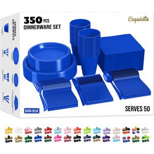 350 Pcs Dark Blue Plastic Plates For Party, Dark Blue Disposable Plates Set, 50 Of Each 9" Dinner Plate Set, 7" Dessert Plate, Cups, Napkins & Cutlery Plastic Dinnerware Exquisite