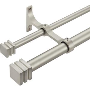 Double Curtain Rods with Aluminum Full Surround Brackets and Cube Box Finials,Brushed Nickel Curtain Rods for Windows 72 to 144 inch,1'' Front and 5/8''Back Adjustable Double Drapery Rods