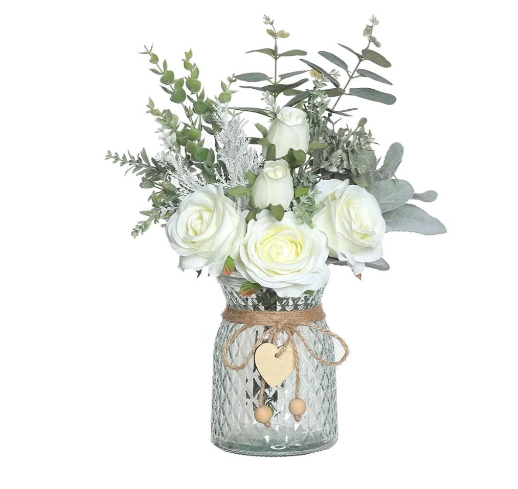 Faux Flowers with Vase,Artificial Silk Roses in Vase, Fake Plant Eucalyptus Flower Arrangement for Home Office Farmhouse Bathroom Dining Table Centerpiece Decorations Coffee Table Decor (White)