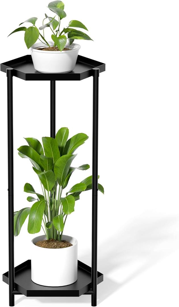 SUEH DESIGN 2 Tier Pland Stand for Indoor Outdoor, Metal Plant Stand Heavy Duty Flower Potted Holder Corner Plant Shelf Stand for Home Garden Office