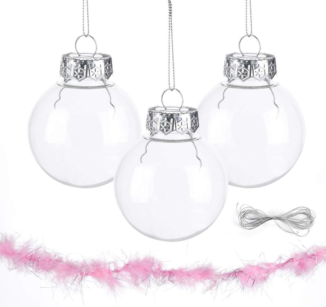 Happy New Year Decoration Ornaments Balls 20pcs,2.36inch Clear Plastic Bauble for Crafting,Christmas Ornaments Balls to Fill with Pink Feathers,DIY Happy New Year 2025 Decorations for Indoor Hanging