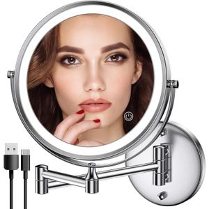 Rocollos Rechargeable Wall Mounted Lighted Makeup Mirror Chrome, 8 Inch Double-Sided LED Vanity Mirror 1X/10X Magnification,3 Color Lights Touch Screen Dimmable 360Swivel 13 Inch Extendable
