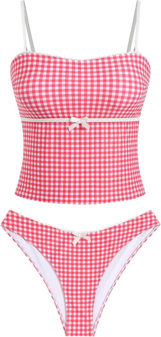 ZAFUL Tankini Swimsuits for Women Bow Tie Side Bathing Suits Tummy Control High Cut Two Piece Bikini Sets (Small, 2-gingham-red)