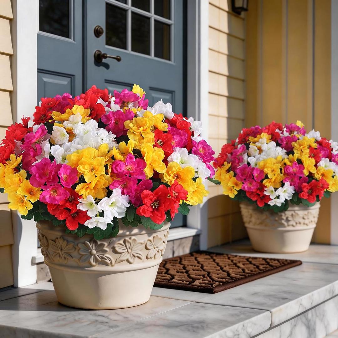 16 Bundles Artificial Flowers for Front Door, Fake Silk Azalea Bouquet Silk Flowers for Outside UV Resistant Realistic Faux Plants for Planter Farmhouse Patio Garden Walkways Home Decor (Mixed Color)