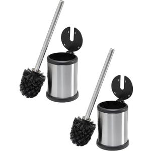 Bath Bliss Stainless Steel 2 Pack Self Closing Lid Toilet Brush and Holder, Finger Print Proof, Compact, Small Space, 6980-2PK, Silver