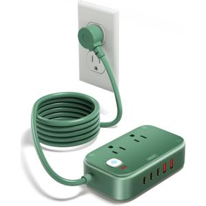Power Strip with USB C - 40W Charging Station with 2 Outlets 3 USB C & 2 USB A - Charger for Multiple Devices, 5Ft Flat Plug Extension Cord for Travel Cruise Ship Office Dorm (Green)