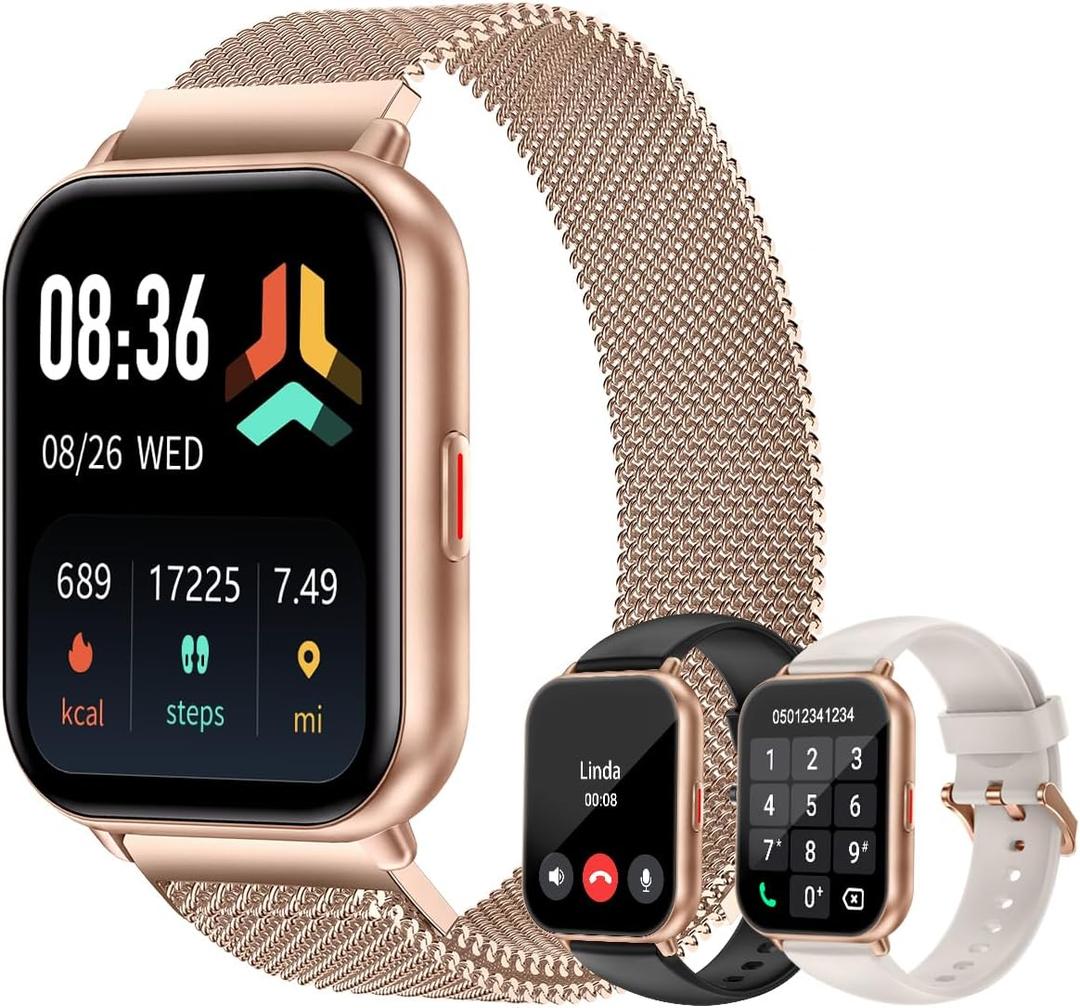 Smart Watches for Women Men (Answer/Make Calls, 3 Bands), 1.85" Fitness Tracker Watch for iPhone/Android Phones with Heart Rate Monitor Sleep/Steps Tracker 100+ Sports Pedometer Waterproof Gold (Starlight)