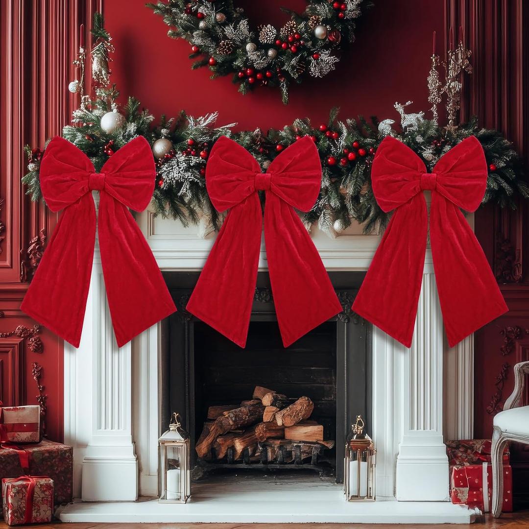 Suncalla 3 Pack Velvet Christmas Bow Decoration 2 ft Large Fireplace Bow Christmas Tree Topper for Xmas Home Wreath Front Door Porch Wedding Coquette Birthday Party Decor(Red)