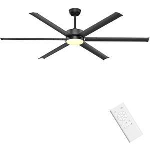 Ohniyou 72 Inch Large Industrial Ceiling Fan with Lights Remote Control, Black Big Ceiling Fan with 6 Metal Blades, 6-speed Quiet DC Motor for Outdoor Patios Shop Living Room Garage
