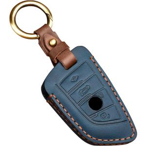 OLLEN Genuine Leather No Screws Key Fob Cover Fit for BMW 5 6 7 Series X1 X2 X3 X5 X6 GT Series etc, Blade Shape, Teal Blue