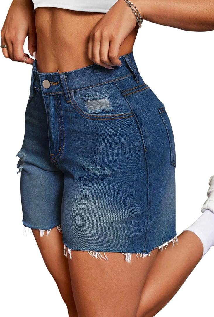IWD Jean Shorts for Women High Waisted Stretchy Casual Denim Shorts Ripped Frayed Hem Summer Trendy Jorts A_dark Blue, X-Large