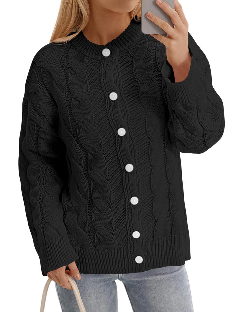 Saodimallsu Womens Cable Knit Cardigan Sweaters Long Sleeve Button Down Crewneck Casual Loose Fall Sweater Coats Black
