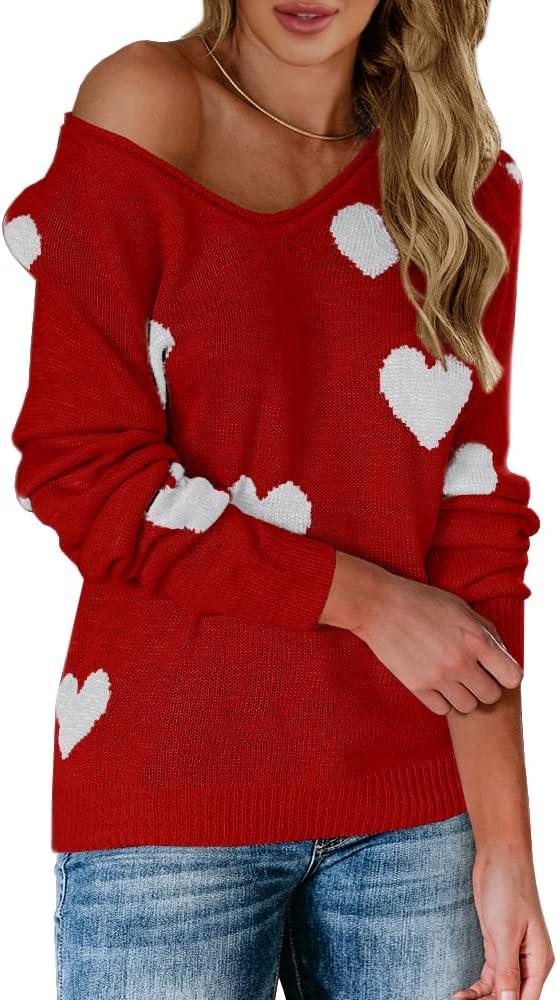 Tutorutor Womens Cute Love Heart Print Sweaters Oversized Off The Shoulder Loose Knitted Valentine Pullover Blouse Top (Small, Y Red)