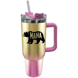 Spoontiques Stainless Steel Travel Mug, 40oz - Double Wall Insulation, Sturdy Handle, Sliding Lock Travel Lid - Mama Bear Pack Of 2