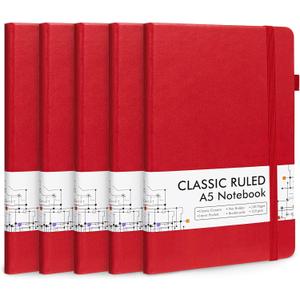 5 Pack Journal Notebook Bulk for School, Feela Hardcover Business Notebooks Classic Ruled Lined Journals with Pen Holder for Work Note Taking, with 5 Black Pens, 120 GSM, 5.1x8.3, A5, Red