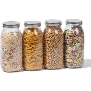 novelinks 64 oz Large Plastic Jars with Metal Lids - 4 Pack BPA-Free Clear Storage Containers for Pantry, Pickles, Sauces, Flour, Snacks - Leak-Proof Airtight Food Grade Jars for Kitchen (Silver)