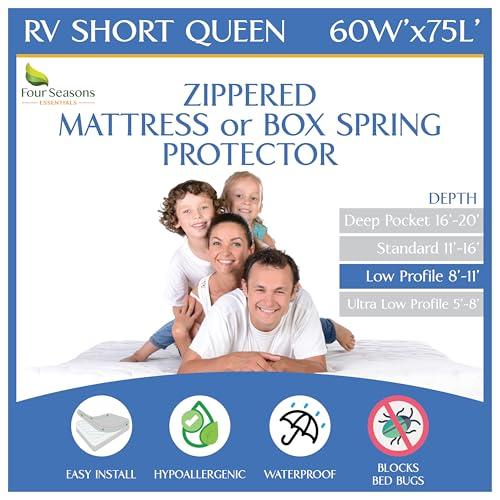 RV Short Queen Mattress Protector (8” to 11” Depth) - Waterproof Zippered Encasement 60" W x 75”L Premium Quality Hypoallergenic Bed Cover Protects Against Bedbugs Dust