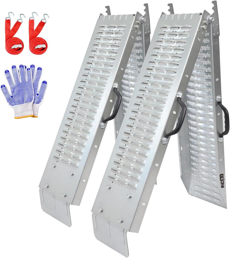 BEJONI 66" Folding Truck Ramps, 880 Lbs Capacity Steel Loading Ramps for Pickup Trucks, Foldable Ramp for Lawn Mower, Motorcycle, Dirt Bike, ATV, UTV, Trailer, 2-Pack (66'' L-Usable Height: under 18.8''), Silver