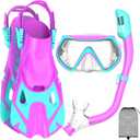 Snorkeling Gear for Kids, Kid Mask Fins Dry Top Snorkel Set, Youth Boys Girls Junior Age 6-14 Swimming Diving Swim Fins, Tempered Glass Panoramic View Travel Packages (Purple+Blue)