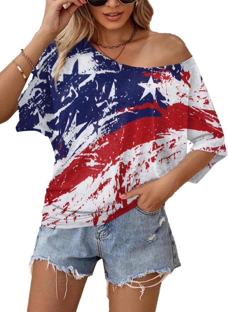LUKYCILD American Flag Off The Shoulder Shirt Stars and Stripes Shirts Patriotic T Shirts Short Sleeve Summer Tops, XL