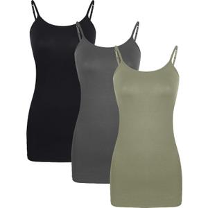 WILLBOND 3 Pieces Women Basic Long Tanks Adjustable Spaghetti Strap Camisole Top (XX-Large, Black, Dark Grey and Green)