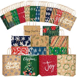 JOICEE 24PCS Christmas Gift BagsChristmas Kraft Paper Reusable Small Gift Bags Bulk with Handles for Wrapping Holiday Party Xmas Presents(9x7.2x3.6 Inches)