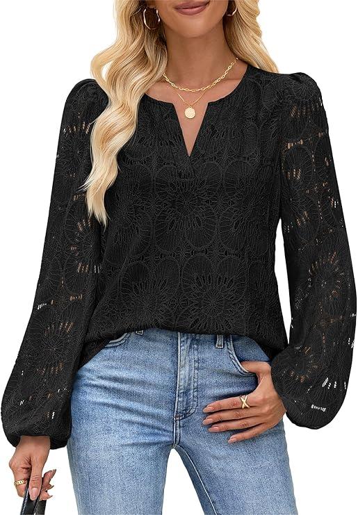 MEROKEETY Women's Eyelet Long Sleeve Shirts Tops Dressy Casual Fall Trendy Flower Lace Boho Crochet Blouses M 