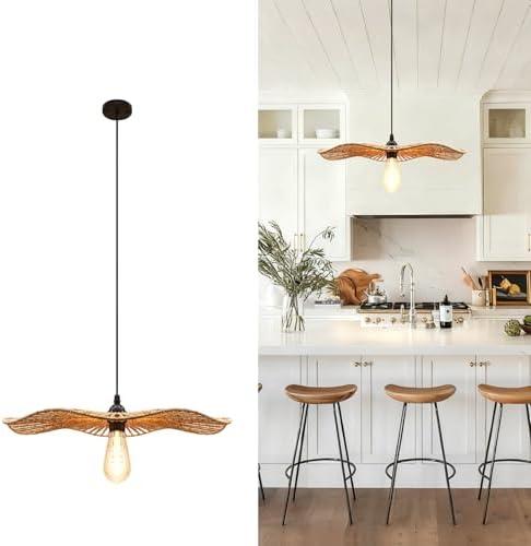 BOSHANGMEI 15'' Natural Rattan Chandelier Pendant Light-Farmhouse Boho Rattan Pendant Lights with Included E27 Bulb, 120V Wicker Pendant Lights for Dining Room Kitchen Island Bedroom Living Room