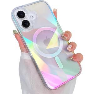 Cute Case for iPhone 16 Plus Case for Women Girls [ Compatible with Magsafe ] Clear Glitter Girly Aesthetic Rainbow Sparkly Bling Magnetic Phone Cover, Iridescent Geometry