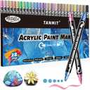 28 Metallic Colors Acrylic Paint Markers, Dual Tip Acrylic Paint Pens for Rock Painting, Black Paper, Wood, Canvas, Stone, Glass, Ceramic, DIY Crafts Making Art Supplies (Brush Tip and Round Tip)