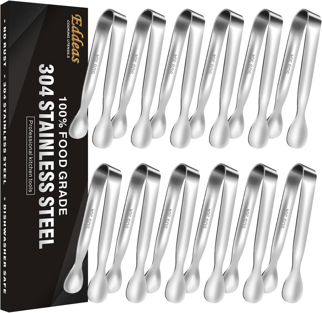 Eddeas Mini Tongs For Serving FoodSet fo 12 Small Tongs For AppetizersSmall Stainless Steel Metal Cooking Tongfor Tea Party Coffee Bar, 4 inch Sugar Tong - 4.3 inch, Silver 12Pcs
